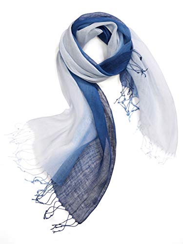 Prettystern Sciarpa Leggera Pashmina Unisex Foulard in Lino Uomo e Donna Primavera Estate Batike Con Frange T68 Tie-Dye blu