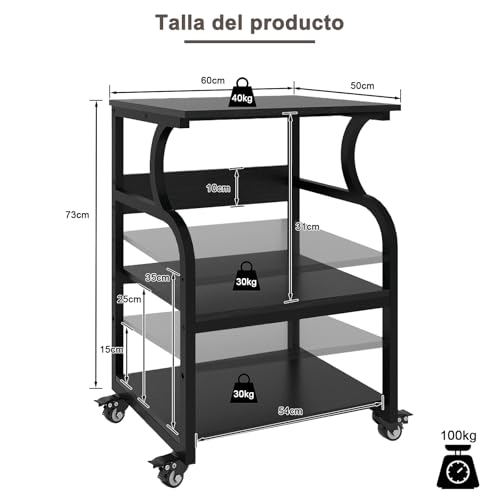 Miniatura 2 de Puncia Mesa Para Impresora 60 X 50 Cm Ajustable En Altura Soporte Para Impresión De 3 Niveles Con Ruedas Móvil De Madera Y Metal Carrito Estante De Almacenaje Para Oficina Escuela Estudio Negro