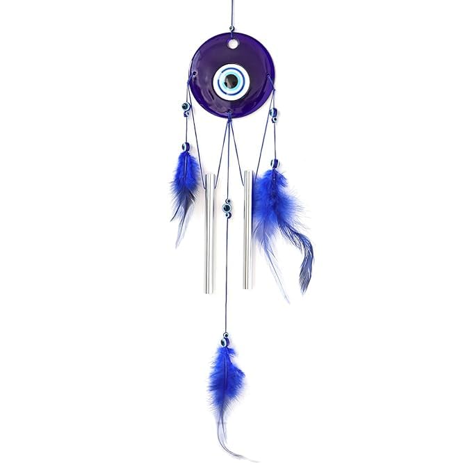 Eminent Evil Eye Wind Chime with 2 Feather Wings & 2 Pipe for Balcony Decor | Dream Catcher Style with Melody Sound for Positive Energy-image-3