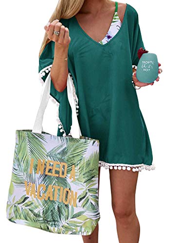 Adreamly Women's Pom Pom Trim Kaftan Chiffon Swimwear Bathing Suit Beach Cover Up