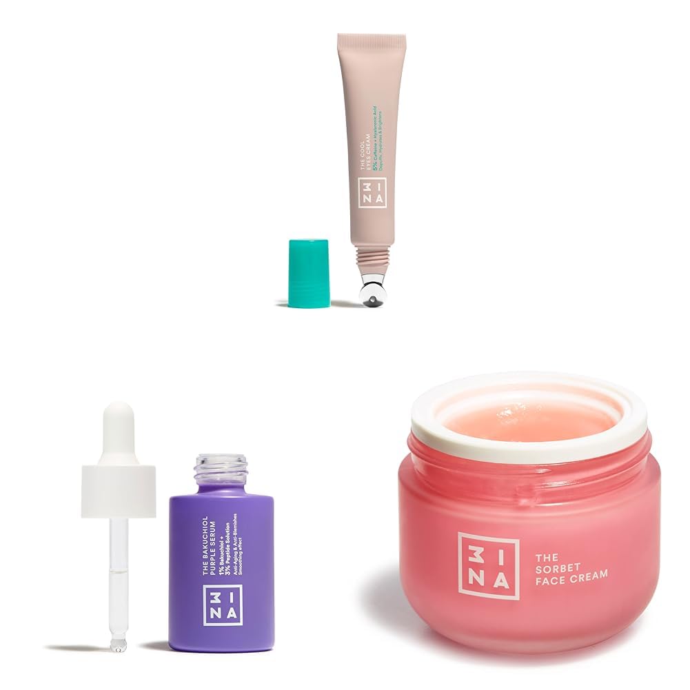 3INA MAKEUP - The Cool Eyes Cream + The Bakuchiol Purple Serum + The Sorbet Face Cream - Contour des Yeux - Bakuchiol Serum Visage Anti-Tache - Crème Hydratante Visage- Vegan - Cruelty Free