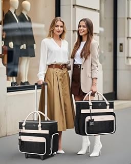 Ytonet Rolling Laptop Bag with Insulated Lunch Box, 15.6 In Rolling Briefcase for Women with Large Cup Holder, Detachable Trolley Roller Underseat Bags for Work, Office, Teacher, Travel, Black Beige