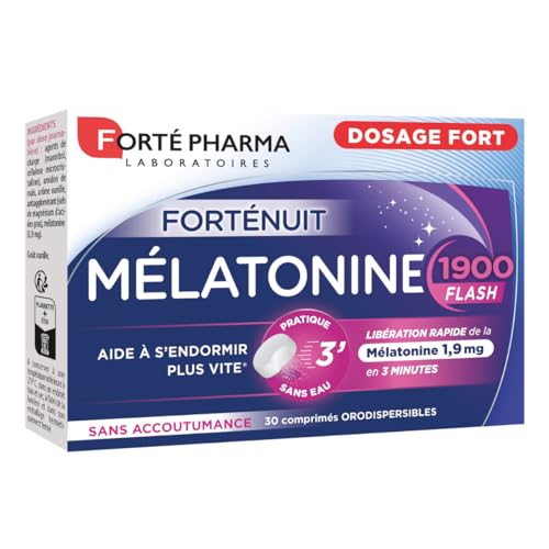 Forté Pharma - Mélatonine 1900 Flash | Mélatonine 1,9 mg dosage max, Action rapide | Complément Alimentaire Sommeil Adulte - Pour dormir, décalage horaire, jetlag | 30 comprimés orodispersibles