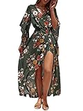 Miessial Women's Boho V Neck Floral Chiffon Dress Backless Beach Split Maxi Dress with Belt Green 6/