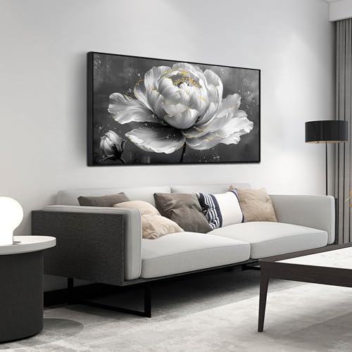 Image of AOZEMI Black and White Wall Art Nature Wall Decoration for Home Office | Flower Wall Decorations Grey Paintings for Home Kitchen Bedroom 48 inchL x 24 inchW