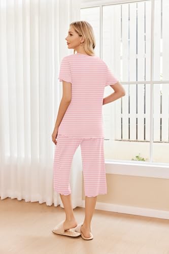 Image of Ekouaer 2 Pack: Women's Pajamas Set Short Sleeve Sleepwear Capri Pants Pjs Soft Loungewear with Pockets