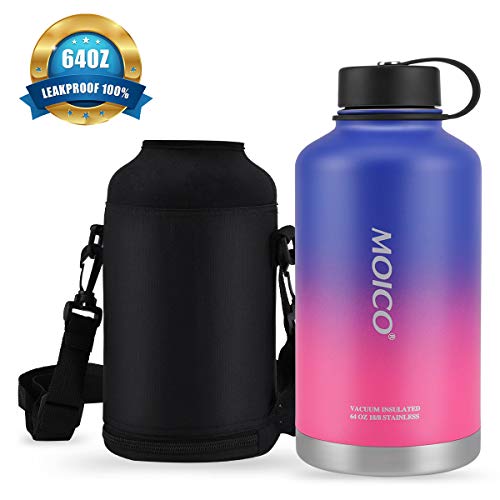64 oz Stainless Steel Water Bottle, MOICO Double Wall Vacuum Insulated Water Bottle, Keeps Cold 24 Hours & Hot 12 Hours, BPA Free Leak Proof Wide Mouth with Travel Bag - Blue Pink