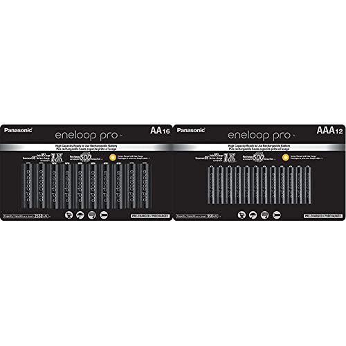 Panasonic BK-3HCCA16FA eneloop pro AA High Capacity Ni-MH Pre-Charged Rechargeable Batteries, 16 Pack & BK-4HCCA12FA eneloop pro AAA High Capacity Ni-MH Pre-Charged Rechargeable Batteries, 12 Pack