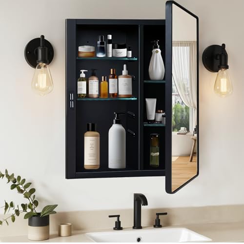 KIMREAL Black Medicine Cabinet 16x20 inch, Bathroom Mirror with Storage, Recessed or...
