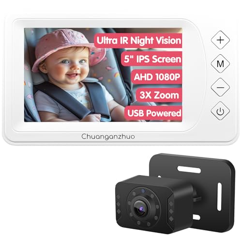 Image of S100P Baby Car Camera with Ultra Night Vision, 5'' HD 1080P IPS Baby Car Monitor with 3X Zoom, Backseat /Carseat /Rear Seat Camera USB, Easy No-Damage Install, Safety for Infants and Pets (5 inch White)