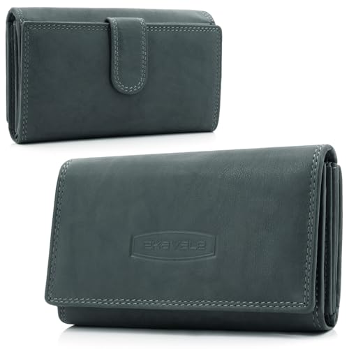 ekavale Geldbörse Damen im Langformat aus Rindsleder, Geldbeutel Damen Groß mit Vielen Fächern, Portemonnaie mit Reißverschluss für Frau (Blau-Grau)