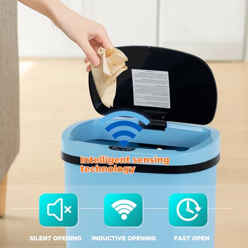 Image of BestOffice | 13 Gallon Plastic Trash Can with Lid | Blue | Automatic Touchless Garbage Can | Odor Control | Modern Oval Design | Easy to Clean | For Kitchen, Bathroom, Office or Home