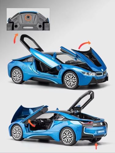 Image of 1:32 BMW I8 Toy Car Metal Pull Back Diecast Car with Openable Door and Sound Light, Gifts Toys for Kids,white