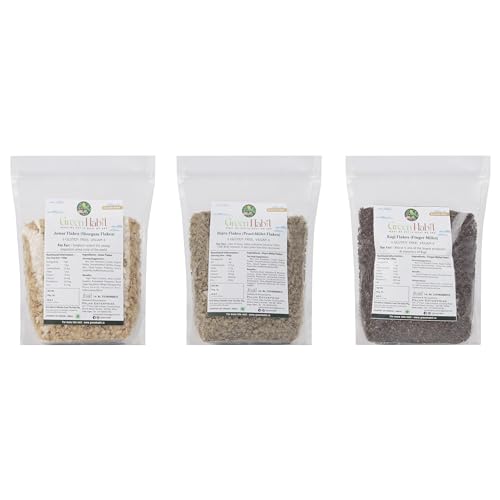 Image of Greenhabit Jowar, Ragi & Bajra Flakes 500 gm each - Nutritious and Gluten-Free Millet Cereal Breafast cold cereal Poha