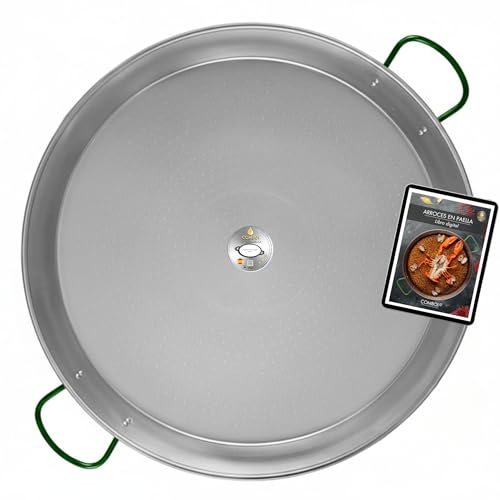 COMBOI - Paellera de acero pulido 70 cm, paellera valenciana hasta 25 raciones, apta para gas, leña y paelleros, fabricada en España, incluye recetario digital. (70 CM)