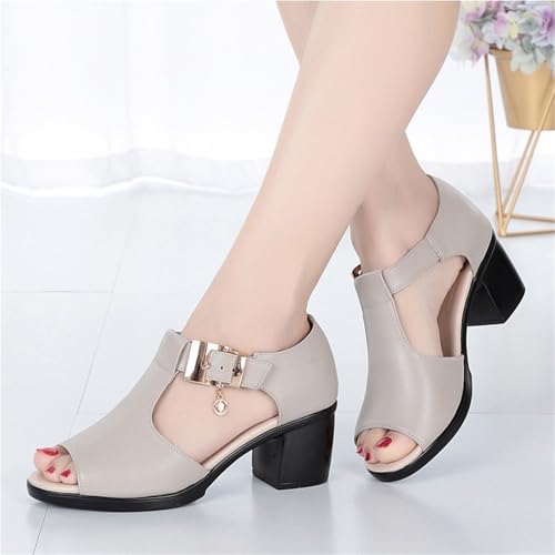 UPGENT Middle-Aged Elderly Women's Leather Sandals Fish Mouth Chunky Heel Buckle Roman Sandals Mother Casual Summer Shoes3