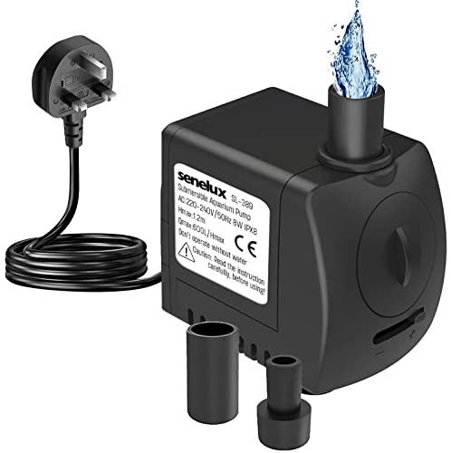 Submersible Water Pump, Senelux 130GPH (600L/H) 8WFountain Water Pump, Replacement Pump for Pet Fountains, Aquarium, Fish Tank, Pond, Statuary, Hydroponics with 4.7ft Power Cord and 2 Nozzles