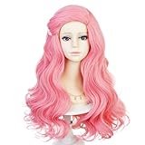 Probeauty Long Pink Wig for Girls, Light Pink Wavy Costume Wig with Heart Necklace Hairpin for Halloween Cosplay Party