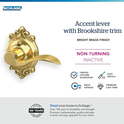 Image of SCHLAGE Accent Lever with Brookshire Trim Non-Turning Lock in Bright Brass - Right Handed