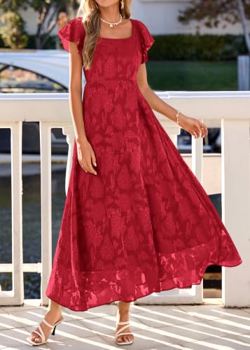 Image of KIRUNDO Bridesmaid Wedding Guest Formal Dresses for Women | Elegant Summer Maxi Dress, Lace Floral Prom Party Cocktail Dress, Smocked Bust, Tie Back, Split A Line Swing, With Pockets