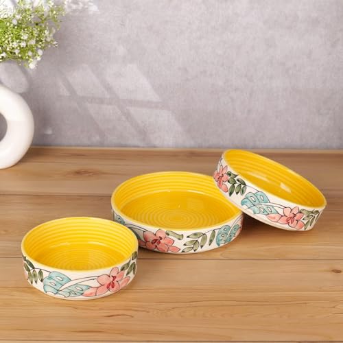 Image of Niyara Stoneware Handmade Ceramic Stylish Premium Serving Bowls /Salad Tray and Microwave Dishwasher Safe (Yellow Flower Design)