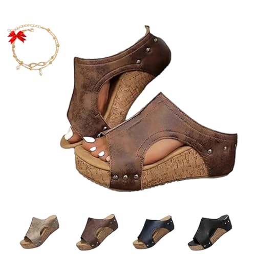 Northend Lumi Stud Wedges Shoes, Maison Birch Cork Wedges, Cork Wedge Sandals for Women with Non-slip Comfy Orthopedic (Brown, Adult, Women, 8, Numeric, US Footwear Size System, Medium)