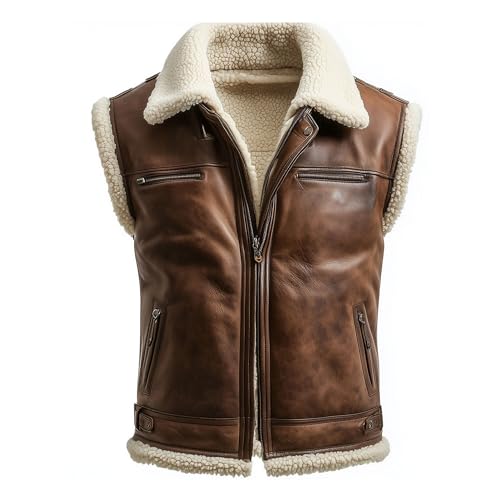 Mens Leather Vest Shearling Vest Jacket Versatile Leather Coat Genuine Sheepskin Fur B3 Bomber Leather Coat Aviator Jackets