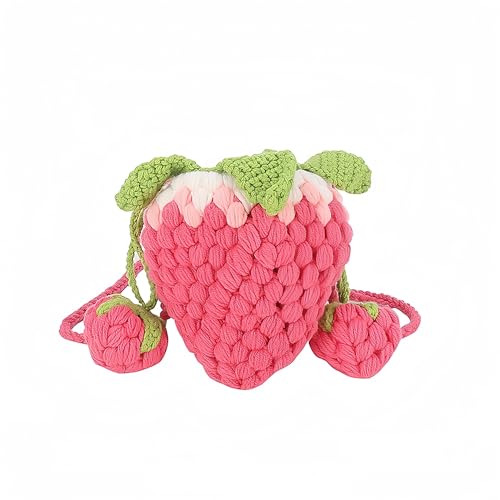 CREHNIL Strawberry Purse For Women Fruit Shape Woven Shortcake Coin Shoulder Bag Girls Pink