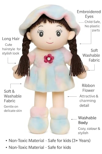 Image of Soft Hat Doll for Kids 60 CM Cute Plush Rag Doll with Braided Hair and Cap, Washable Stuffed Toy for Girls