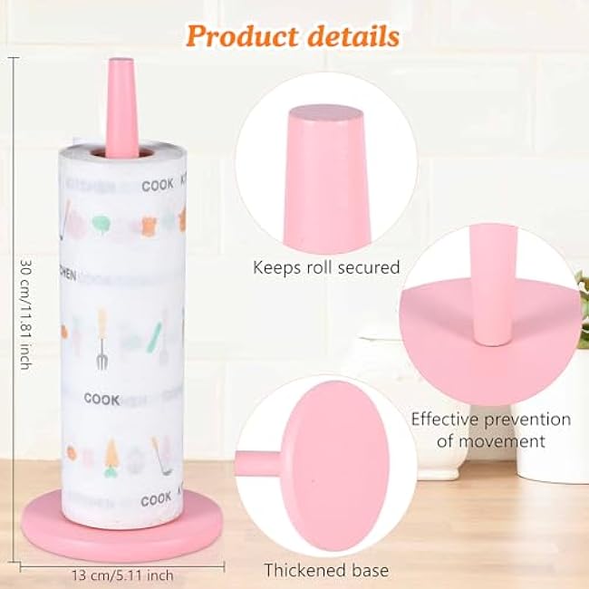 Pink Paper Towel Holder Countertop with 2 Hooks, Stainless Steel, Paper Towel Stand Holder 11 X 5.1 for Kitchen Bathroom Farmhouse Essentials Decor Accessories