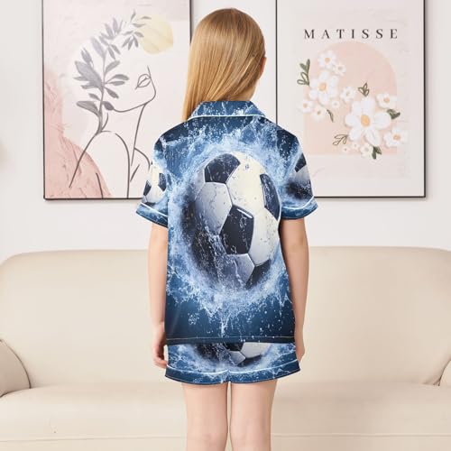 ALAZA Soccer Football Blue Water Satin Pajamas Set Short Sleeve Button Down Sleepwear Summer Pjs 2 Piece4