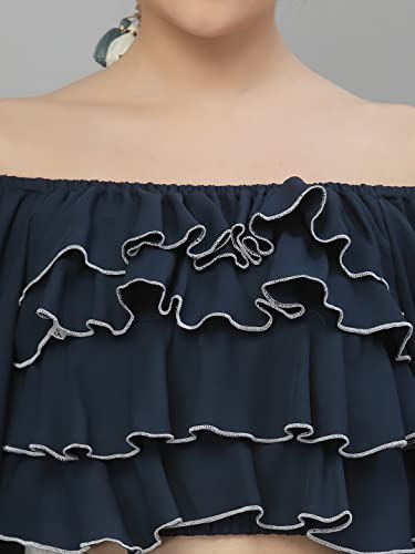 Image of Style Quotient Women Navy Blue Off-Shoulder Bardot Crop Top
