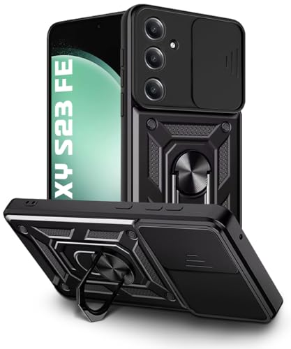 Image of WOW IMAGINE Tough Armor Bumper Mobile Back Case for Samsung Galaxy S23 FE 5G | Sliding Camera Shield Cover | Shock Proof 360 Protection | Hybrid PC + TPU | Ring Holder with Kickstand - Black