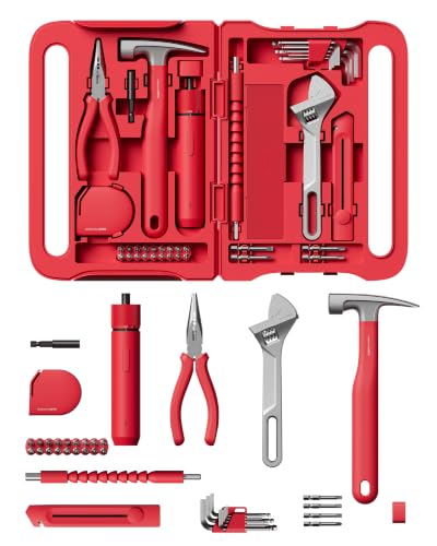 Image of HOTO 40-Piece Tool Kit, Household Essentials Tool Set w /Smart Electric Screwdriver (LED, 3 Torque) + 14 Tools & 26 Accessories | Pro-Grade Compact Organizer for Home, Dorm Repairs, DIY (Neon Red)