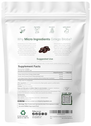 Micro Ingredients Ginkgo Biloba & Ginseng, 400 Softgels | 6 Month Supply | Triple Strength Ginko Biloba & Lions Mane Supplement - Image 3