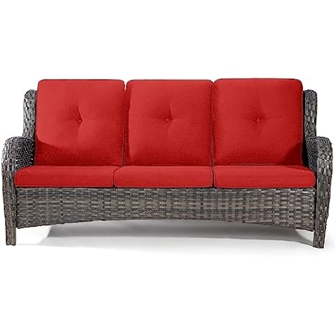 Joyside Outdoor Patio Couch Wicker Sofa - 3 Seater Rattan Sofa for Outside Patio Garden with Deep Seating and Olefin Cushions(Mixed Grey/Red) Cover