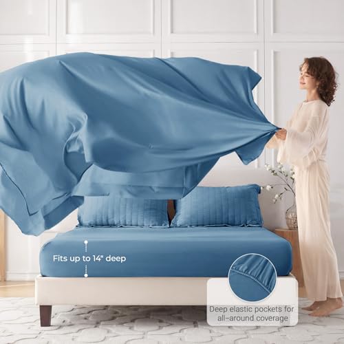 MUXHOMO 7 Pieces Queen Comforter Set, Seersucker Bed in a Bag Queen Size, All Season Luxury Bedding Set with Comforter, Flat Sheet, Fitted Sheet, Pillowcases & Shams, Mineral Blue