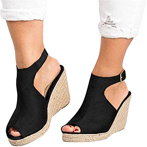 Aniywn Women's Espadrille Platform Heeled Wedges Sandals Ankle Strap Slingback High Heel Dress Shoes Summer Open Toe Wedges Black