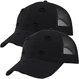 2 Pack Ripped Distressed Soft Trucker Hat Casual Fashion Cute Baseball Cap for Women Men – Vintage Look, Soft Mesh Back, Snapback Adjustable Black/Black
