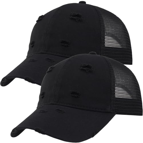 2 Pack Ripped Distressed Soft Trucker Hat Casual Fashion Cute Baseball Cap for Women Men – Vintage Look, Soft Mesh Back, Snapback Adjustable Black/Black