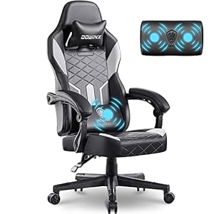 Dowinx Gamingstoel, racing-gamerstoel met lendekussen, ergonomische gamingstoel met lendensteun en massagestoel, PU-lederen pc-stoel, brede rugleuning, 150 kg (zwart-wit)