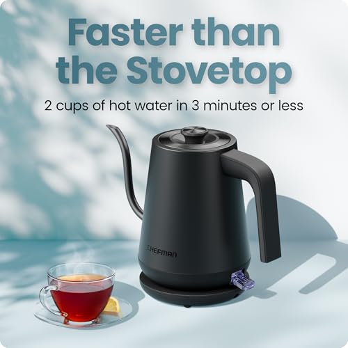 Image of Chefman Gooseneck Electric Kettle, 0.8L Pour Over, Black | One-Touch Operation, Boil-Dry Protection, Auto Shut-Off, Ultra-Fast Hot Water Boiler, For Coffee and Tea