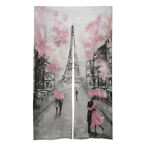 Rideau de porte japonais Paris Street Tour Eiffel, motif floral rose, rideau de porte fendu, aspect lin, rideau de séparation de pièce à isolation thermique pour entrée, cuisine, chambre à coucher