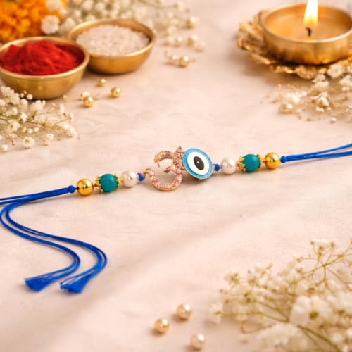 Image of JAIPUR ACE Om Evil Eye Rakhi for Brother | Premium Blue Thread Designer Rakhi Bracelet with Beads | Raksha Bandhan Gift Set with Roli Chawal & Greeting Card | Spiritual Rakhi Gift