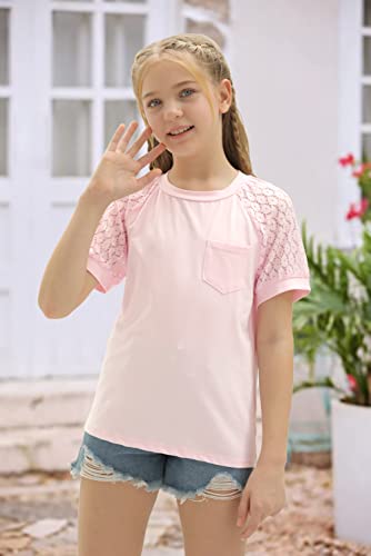 Girls Short Sleeve Shirts Casual Crew Neck Lace Loose Blouse Tops Pink #TOP4
