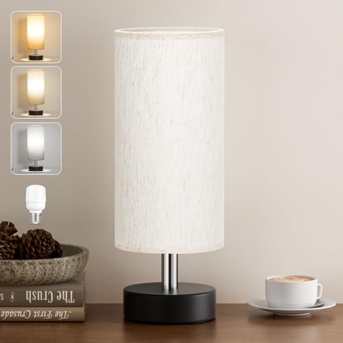kakanuo Lampada da Comodino, 3 Modalità di Colore, Piccola Lampada da Tavolo con Paralume in Lino Bianco Base Argento, Abat Jour da Comodino con Filo per Camera da Letto Dormitorio Soggiorno Ufficio