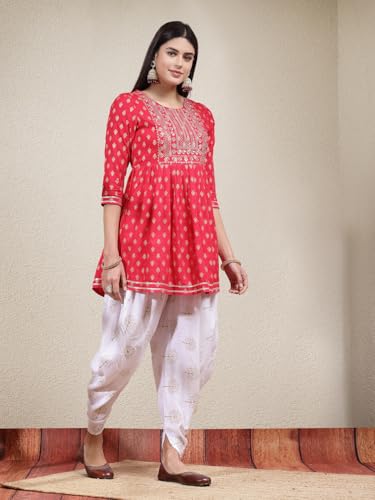 Image of Stylum Women's Printed & Embroidered Rayon A-Line Kurti With Dhoti Pant