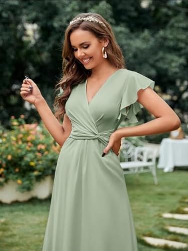 Kyeuan Flutter Sleeve Bridesmaid Dresses for Wedding Tea Length Chiffon Formal Dress with Slit2
