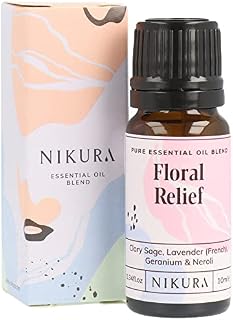 Nikura Floral Relief Essential Oil Blend - 10ml | Made from 100% Pure Clary Sage, Lavender, Geranium, Neroli | Perfect for Aromatherapy, Diffuser, Soap & Candle Making | Vegan & UK Made
