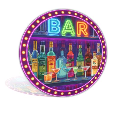 Vintage Bar Neon Sign Wall Decoration Waterproof Bright Colors Simple Round Bar Beer Wreath Art for Restaurant Courtyard Indoor and Outdoor Ideal Gifts 8x8 Inch Round Sign (25160)